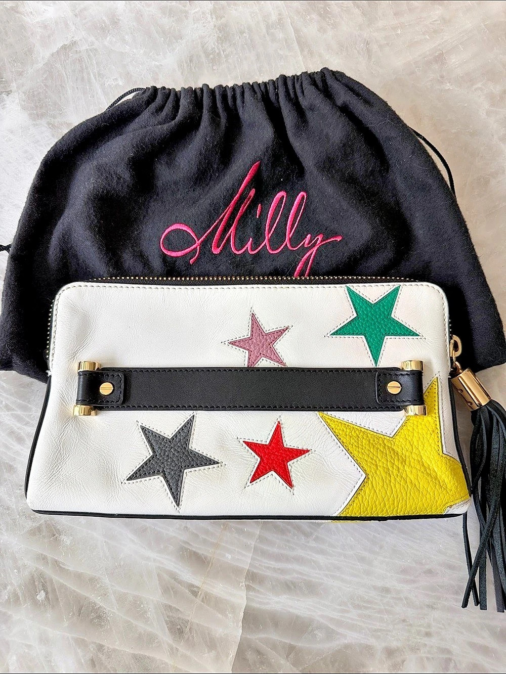 MILLY Leather Star Appliqué Zip Around Clutch Wristlet White Black Tassel Pouch